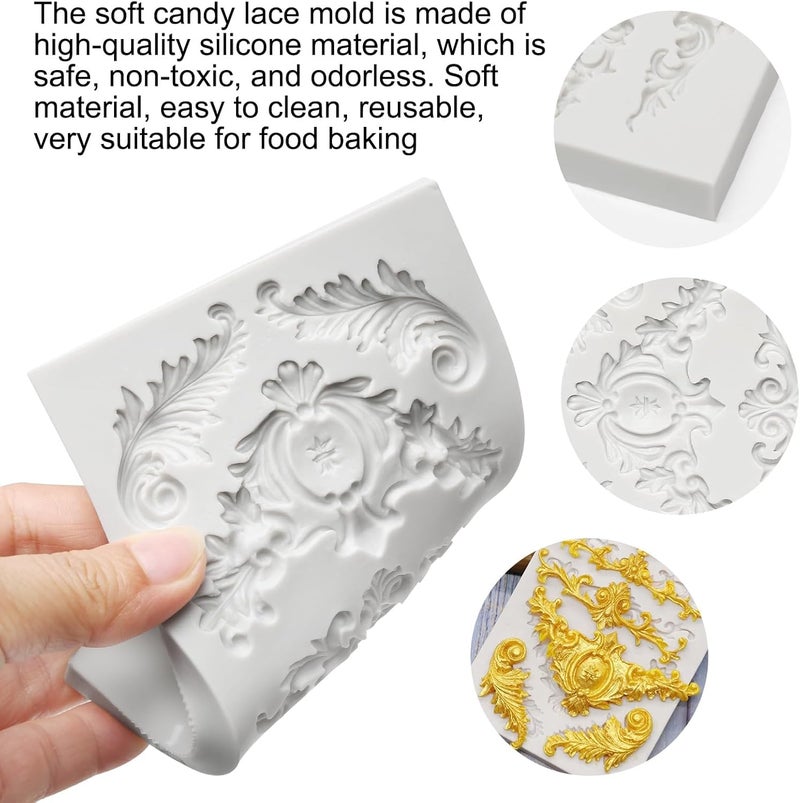 Pofflujent 4 Pcs Baroque Style Silicone Molds Curlicues Scroll Lace Fondant Molds Relief Flower Mould Filigree Mold 3D Sculpted for Gummy Sugar, Cupcake Topper, Polymer Clay, Crafting Projects - Image 3